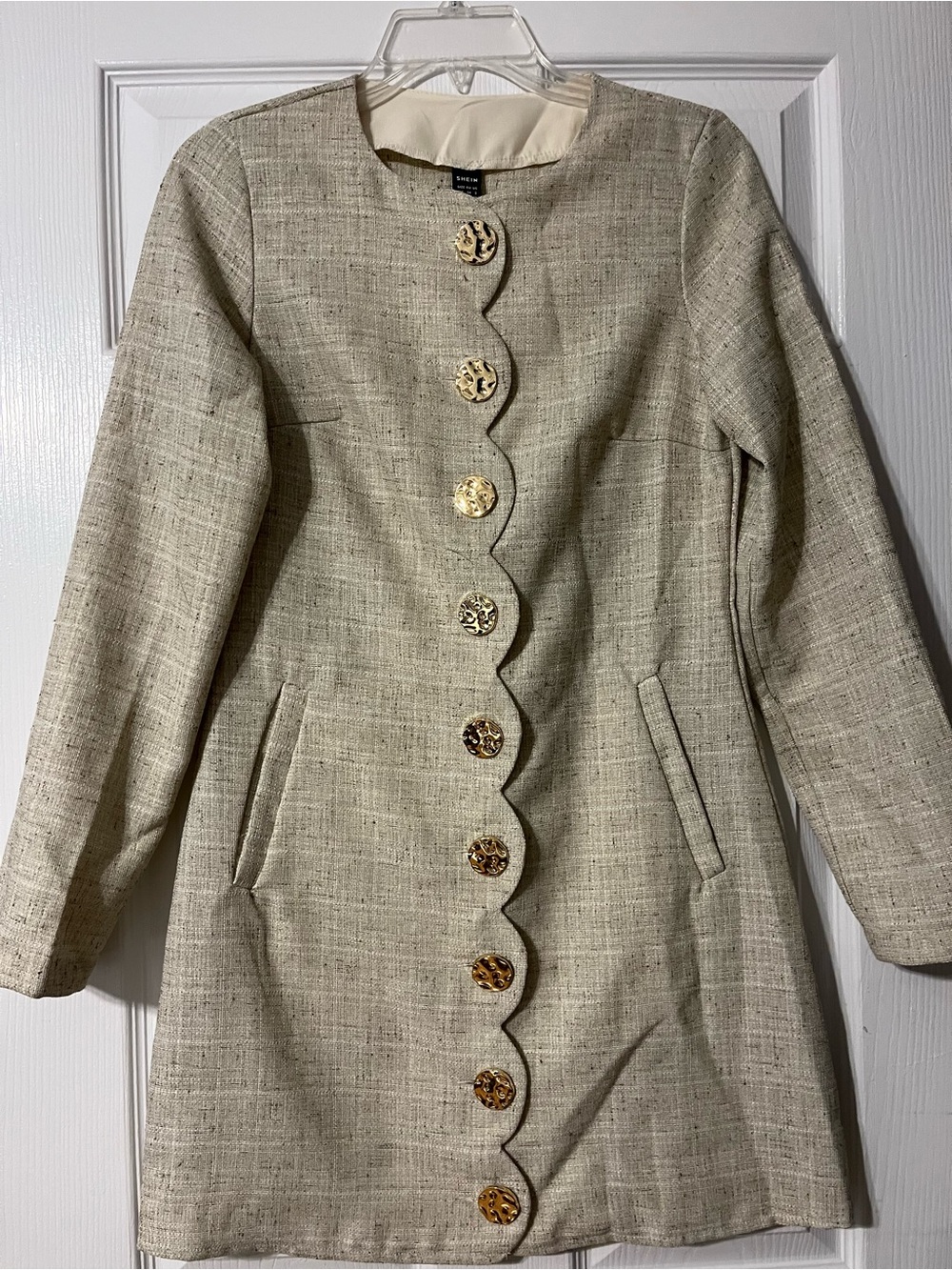 Women’s  Cream Textured Coat Dress with Gold Buttons